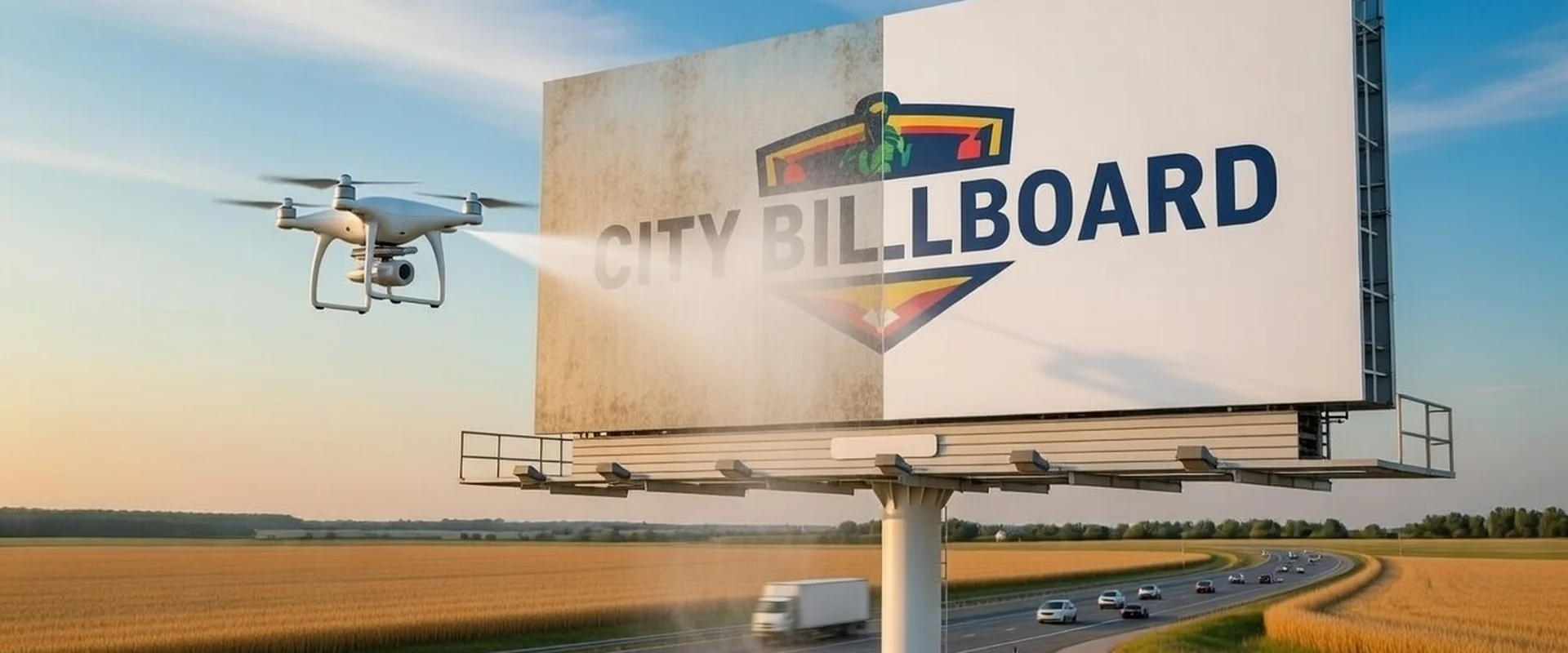 Drone cleaning highway billboard showing half dirty half clean comparison
