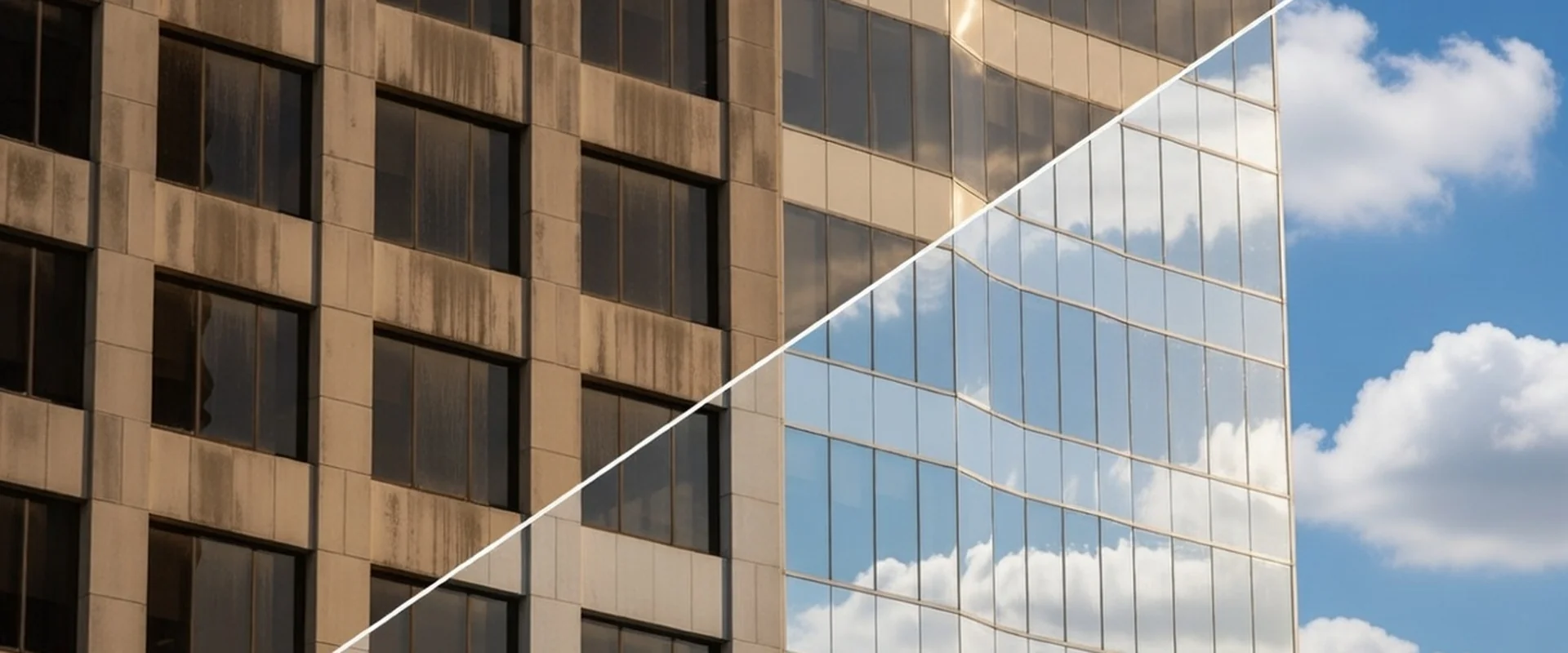 Before and after comparison of commercial building facade drone cleaning