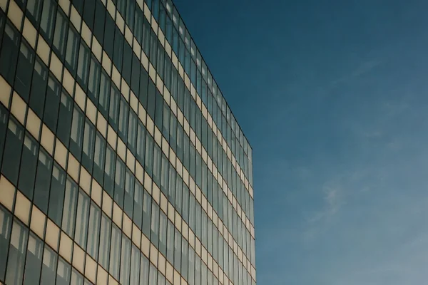 Commercial glass building facade freshly cleaned by drone cleaning service