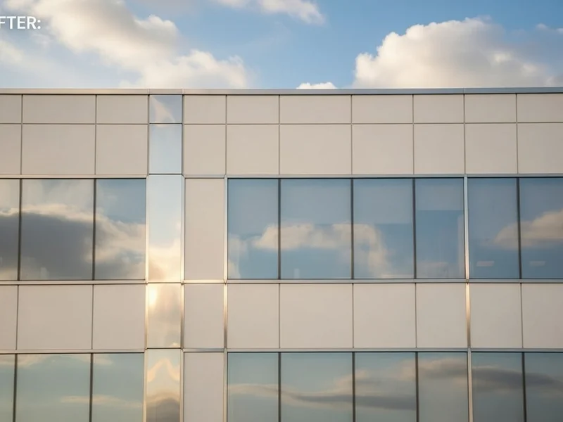 After: Immaculately clean commercial glass curtain wall reflecting sky