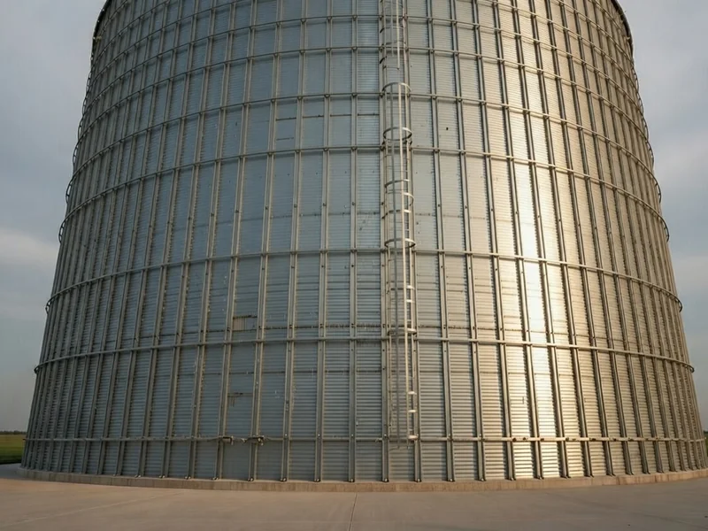 After: Grain silo exterior restored to clean galvanized finish