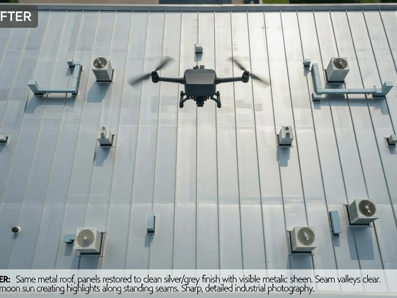 After: Standing seam metal roof restored to clean silver finish