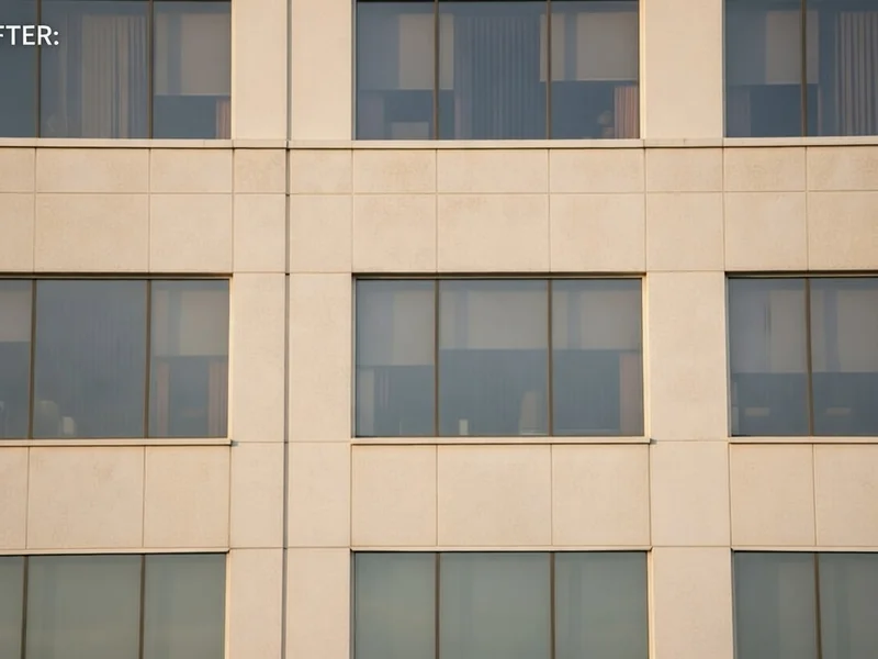 After: Clean stone facade restored to original cream color by drone cleaning