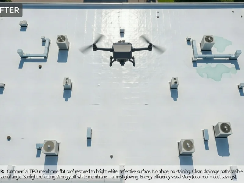 After: Commercial TPO roof restored to bright white reflective surface