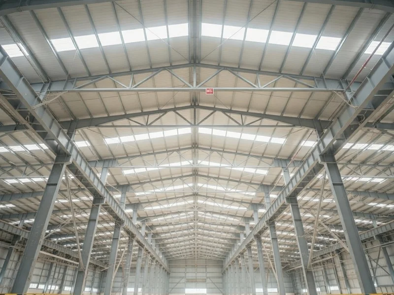 After: Clean warehouse ceiling with exposed steel trusses and better light transmission