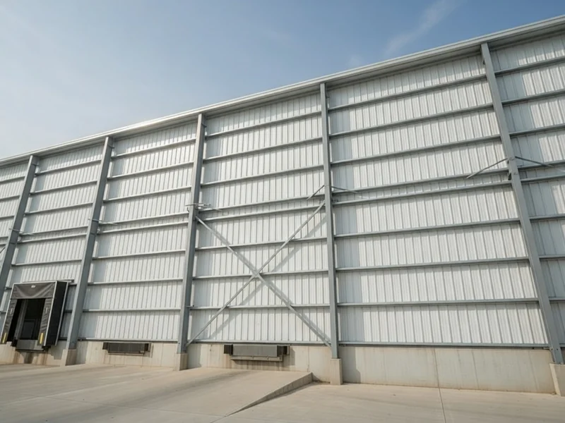 After: Clean metal warehouse exterior wall restored to original color