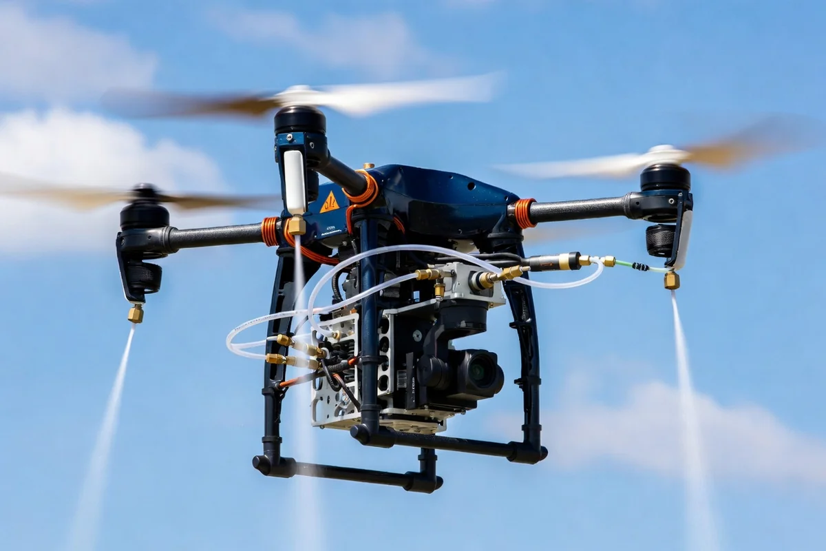 Close-up of commercial cleaning drone with high-pressure nozzle system and camera gimbal
