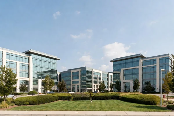 Class A commercial office park complex with clean glass facades
