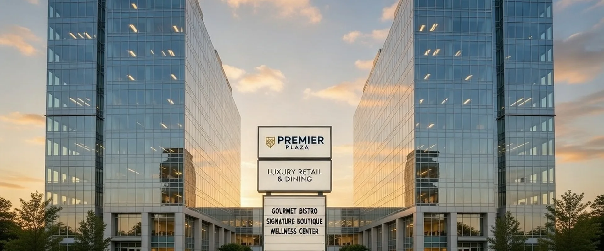 Class A commercial office complex with immaculately clean glass facades at sunset