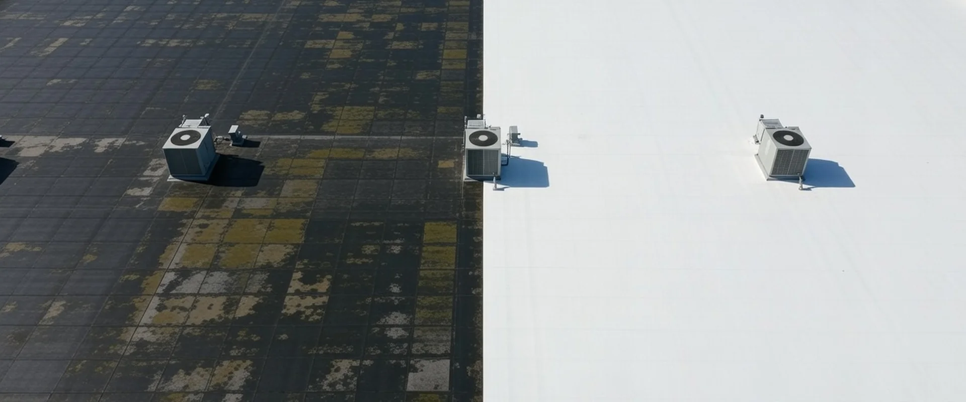 Aerial view of commercial roof half cleaned showing before and after drone cleaning