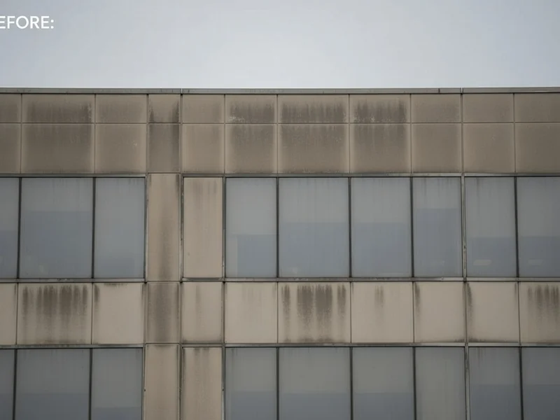 Before: Commercial glass curtain wall with mineral deposits and water staining
