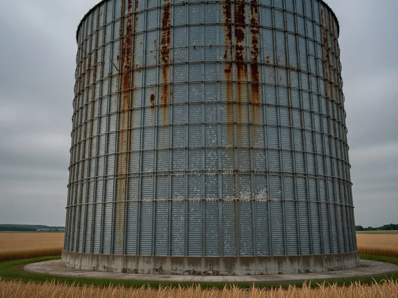 Before: Steel grain silo with heavy rust streaks and oxidation on galvanized surface