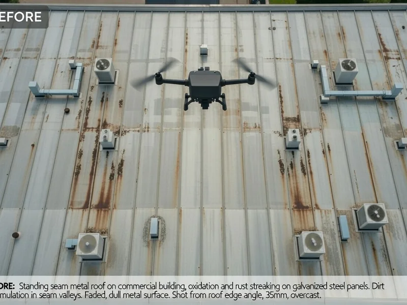 Before: Standing seam metal roof with oxidation and rust streaking