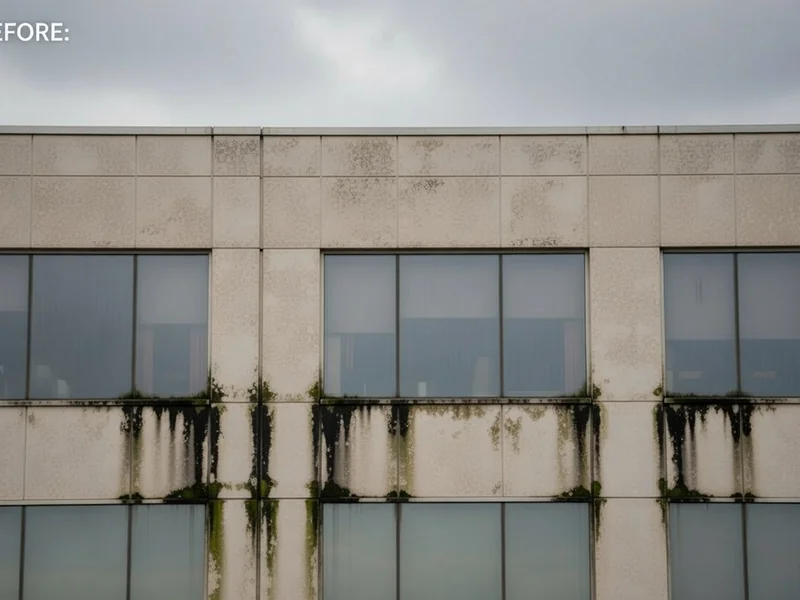 Before: Commercial limestone facade with dark biological growth and algae