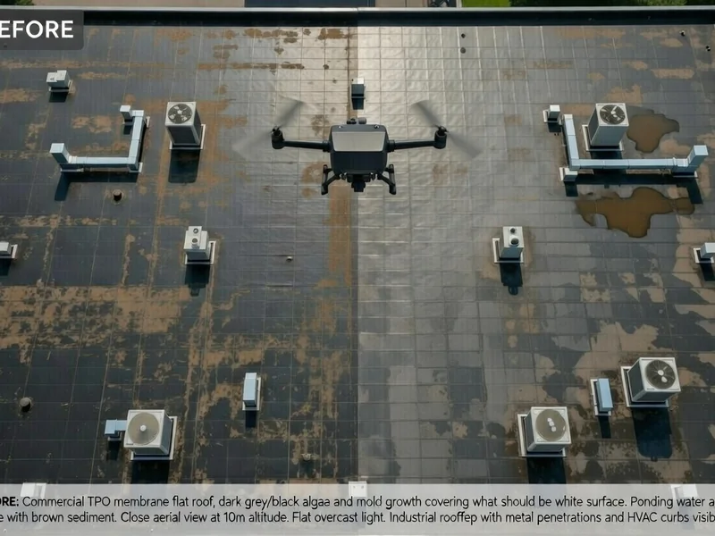 Before: Commercial TPO membrane roof with dark algae and mold growth