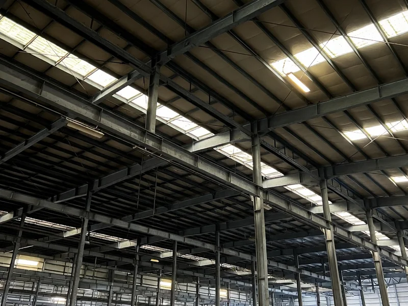 Before: Warehouse ceiling with heavy dust and cobweb accumulation on steel trusses