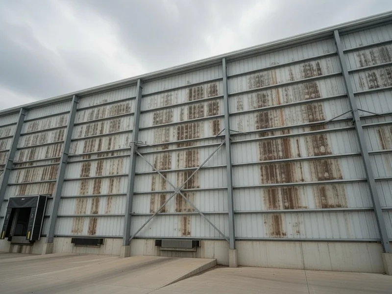 Before: Industrial metal-clad warehouse exterior with dirt and oxidation staining