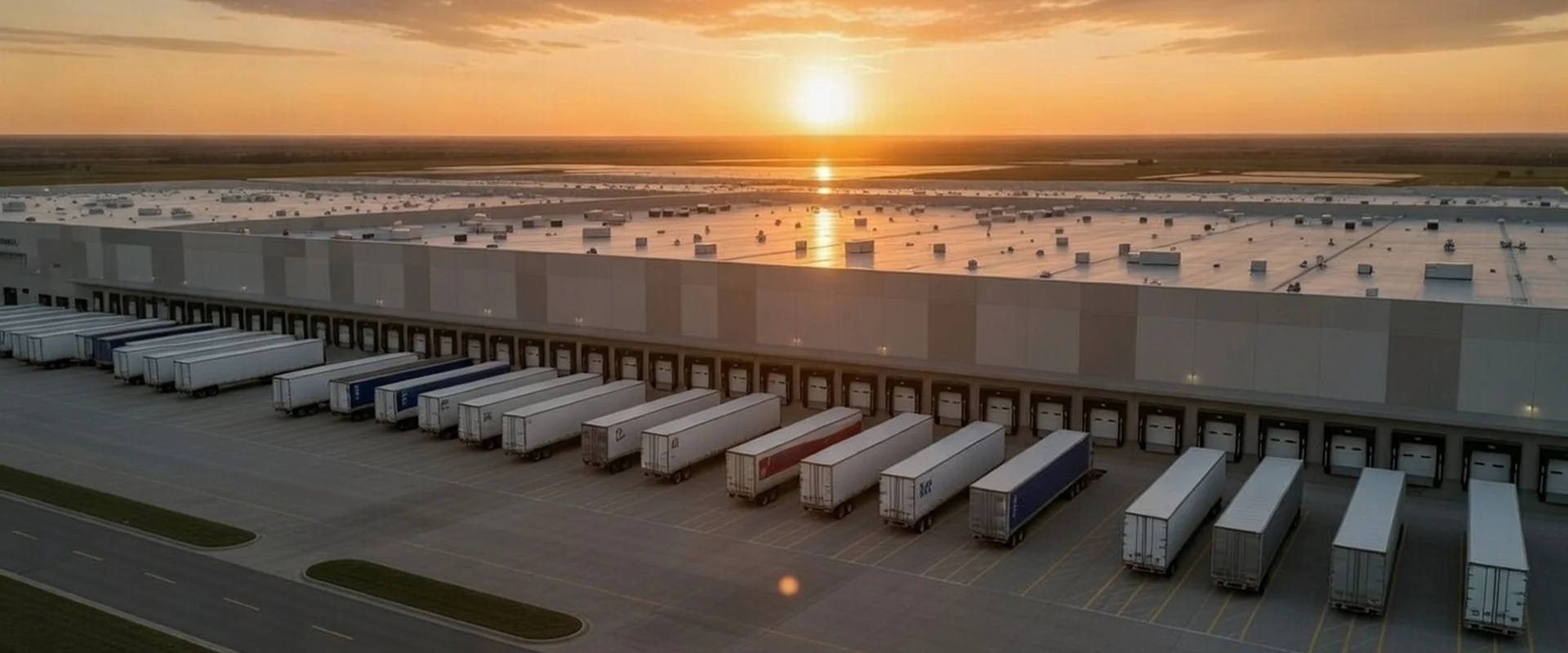 Modern 500,000 sq ft distribution center with loading dock doors and semi-trucks