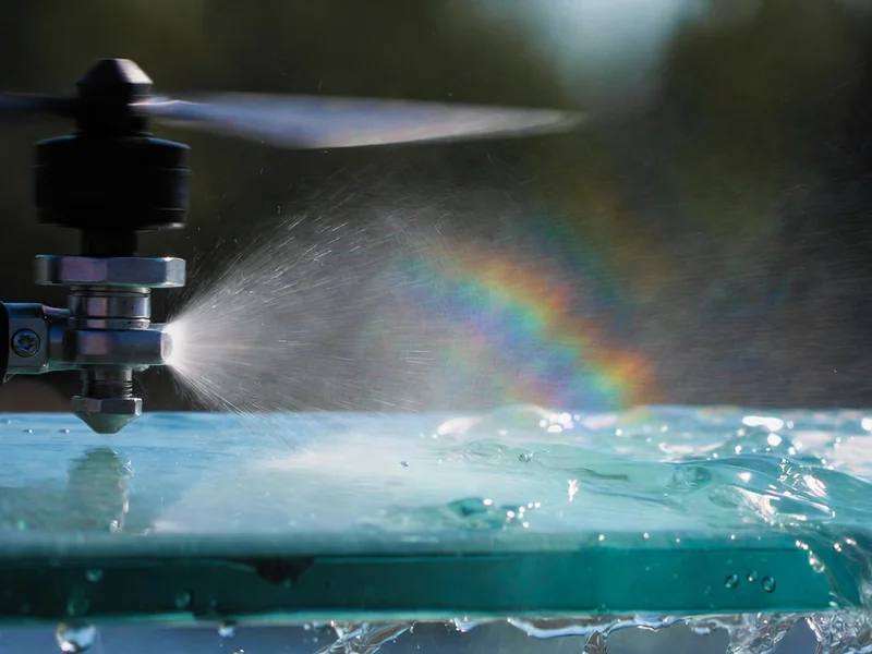 Close-up of drone cleaning nozzle spraying deionized water with rainbow prism effect