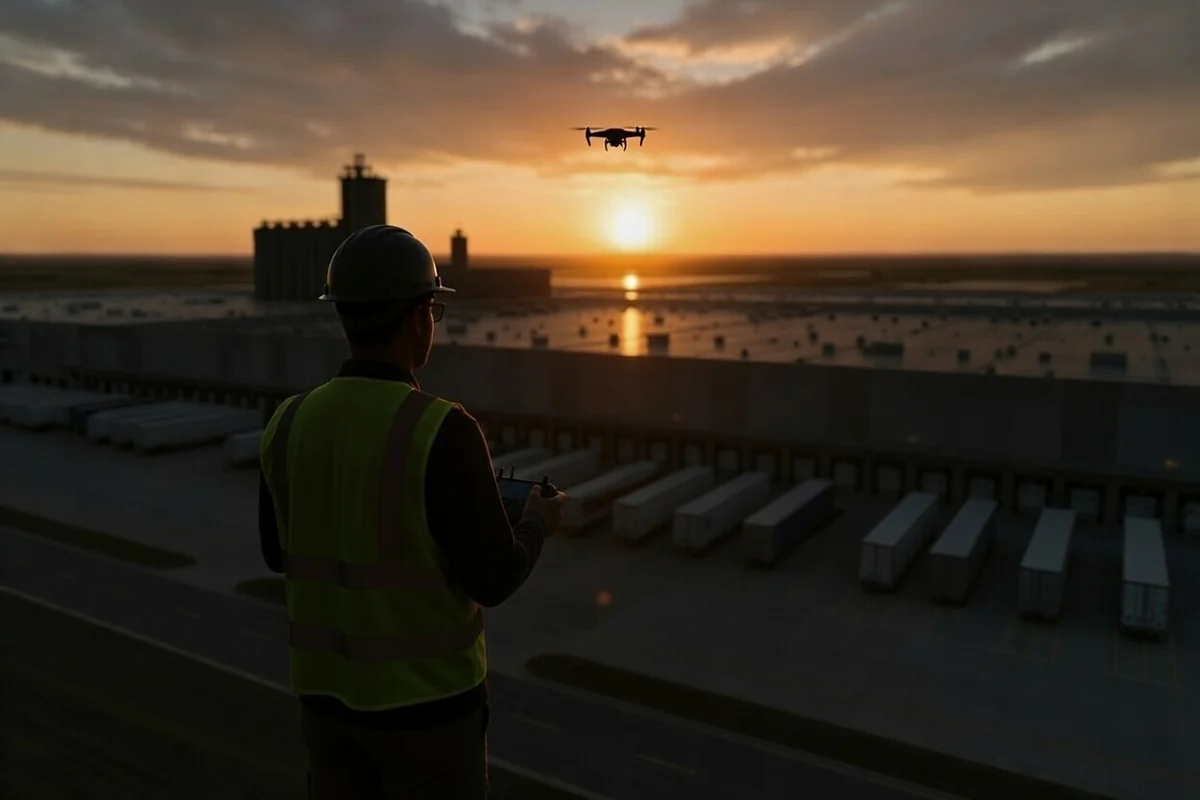 AeroWash Solutions drone operator silhouette at sunset with industrial facility
