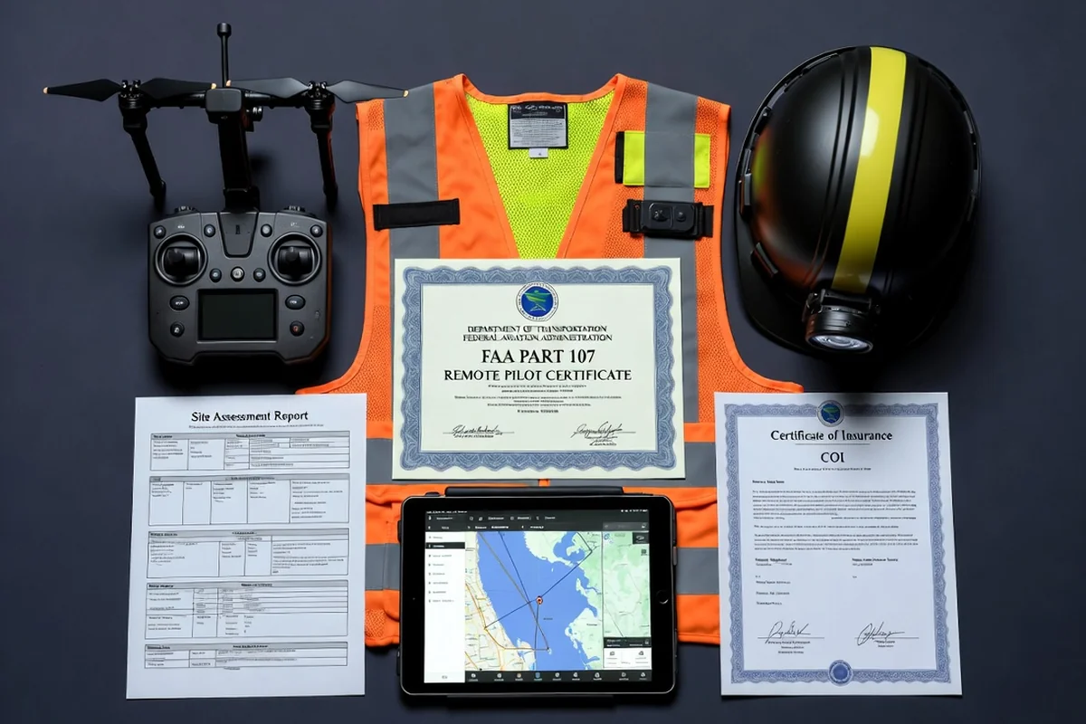 FAA Part 107 remote pilot certificate with professional drone operator safety equipment