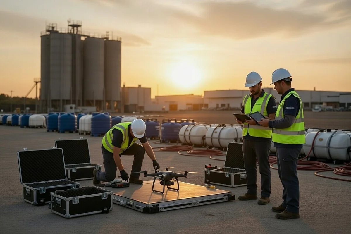 AeroWash Solutions professional ground crew preparing drone and equipment for cleaning operation