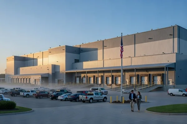 Large manufacturing plant exterior with American flag and clean metal walls