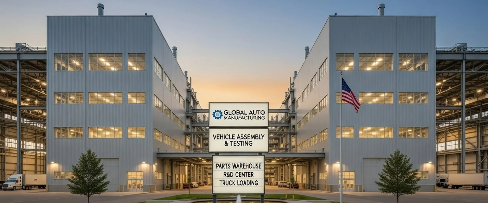 Large manufacturing plant exterior with clean metal walls and American flag