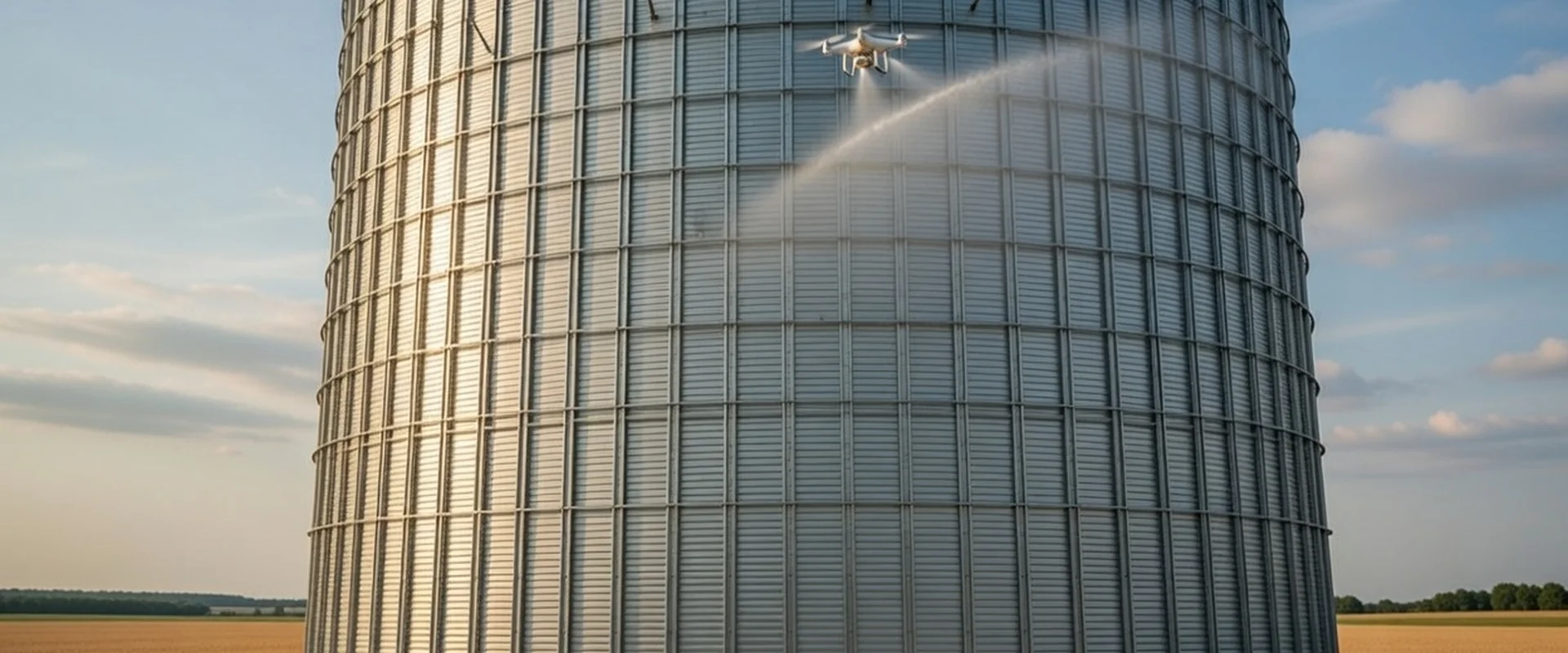 Drone in orbital flight cleaning tall steel grain silo at Midwest facility