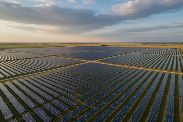 Vast utility-scale solar farm with thousands of clean panels at golden hour