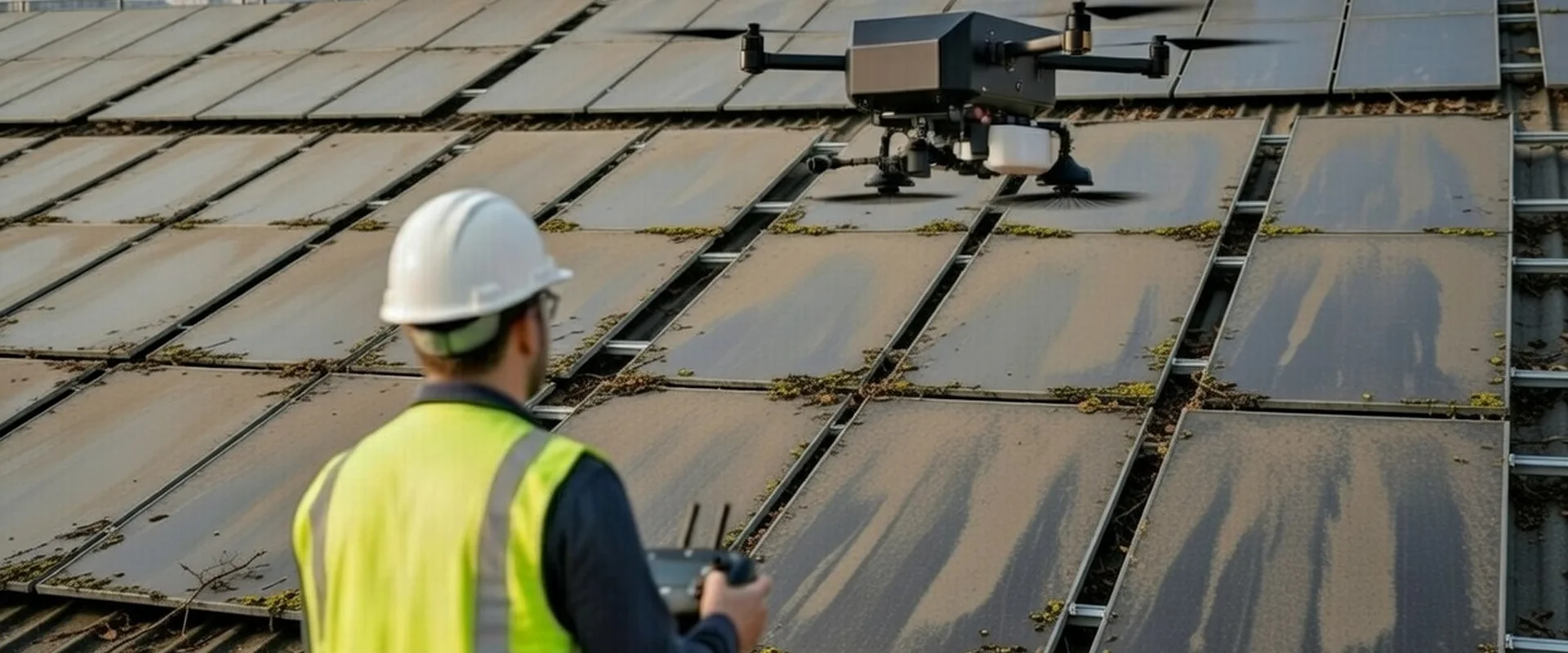 FAA certified drone operator on ground controlling solar panel cleaning drone