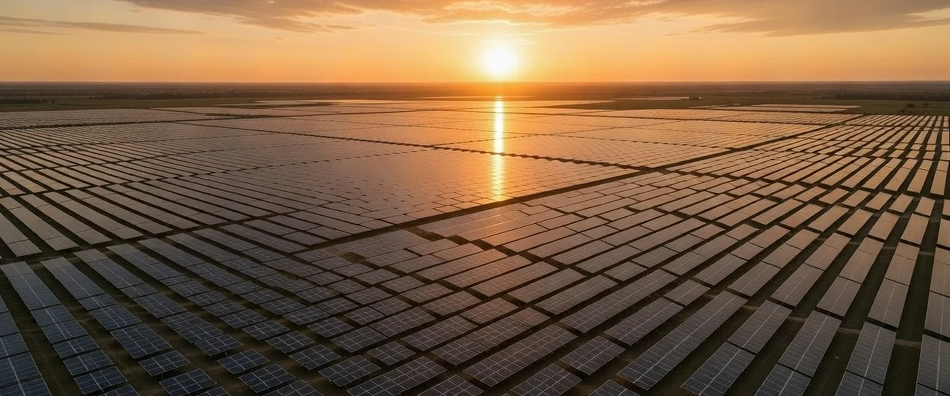 Massive utility-scale solar farm at golden hour with hundreds of clean panel rows