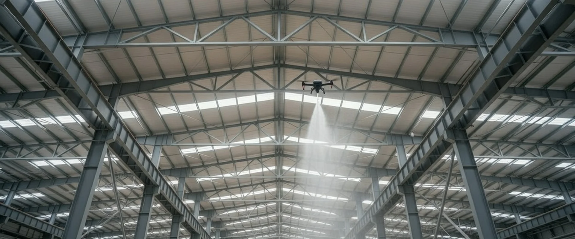 Industrial drone cleaning high-bay warehouse ceiling steel trusses
