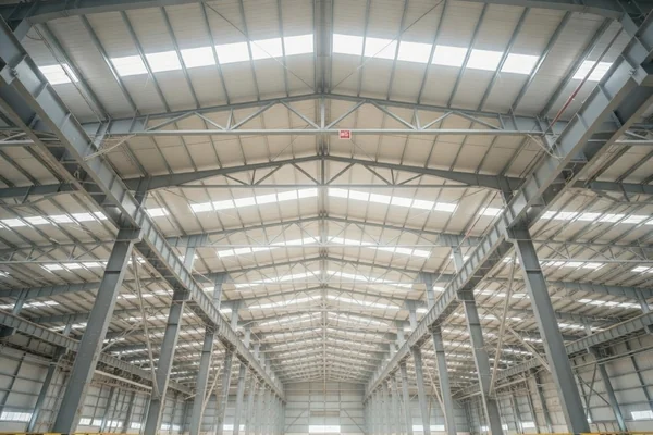 Clean industrial warehouse interior with steel trusses after drone cleaning