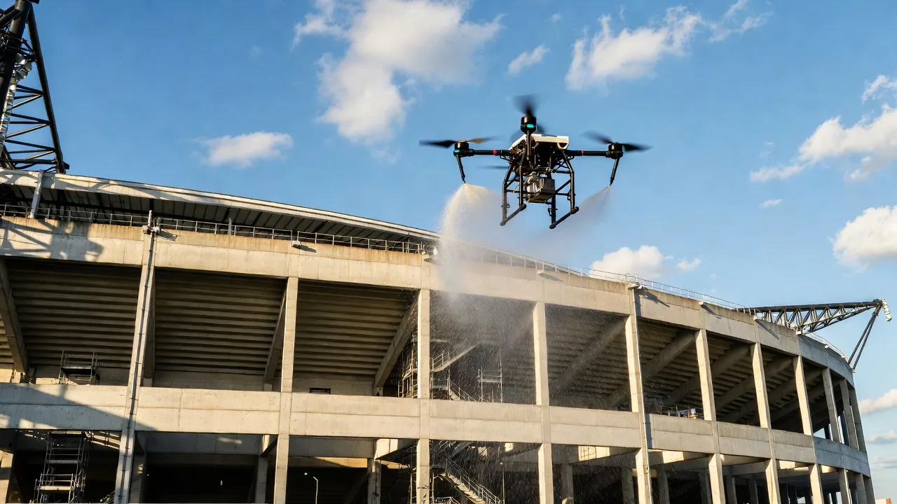 AeroWash drone washing the exterior walls of a sports stadium using high-pressure spray system