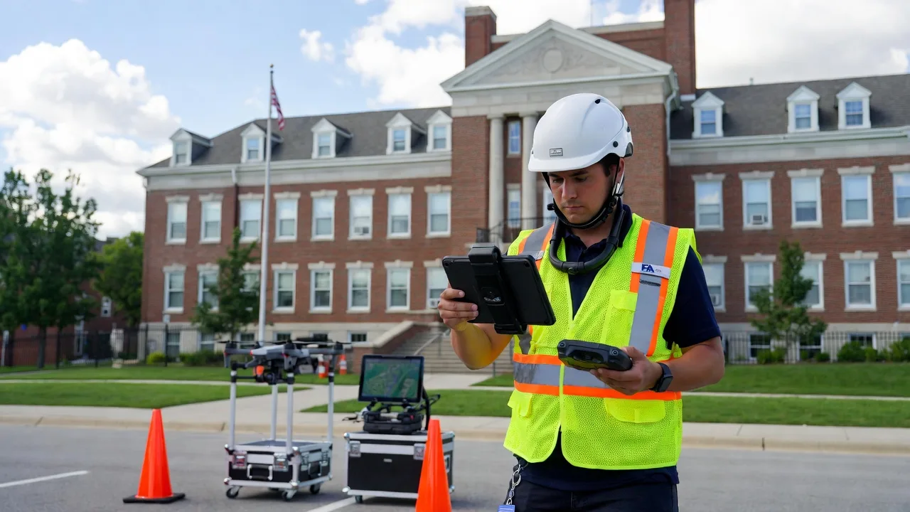 FAA Part 107 certified AeroWash drone operator with safety vest and tablet controlling drone at a government building