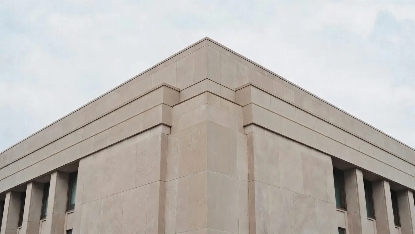 Clean government building corner exterior after AeroWash drone pressure washing service