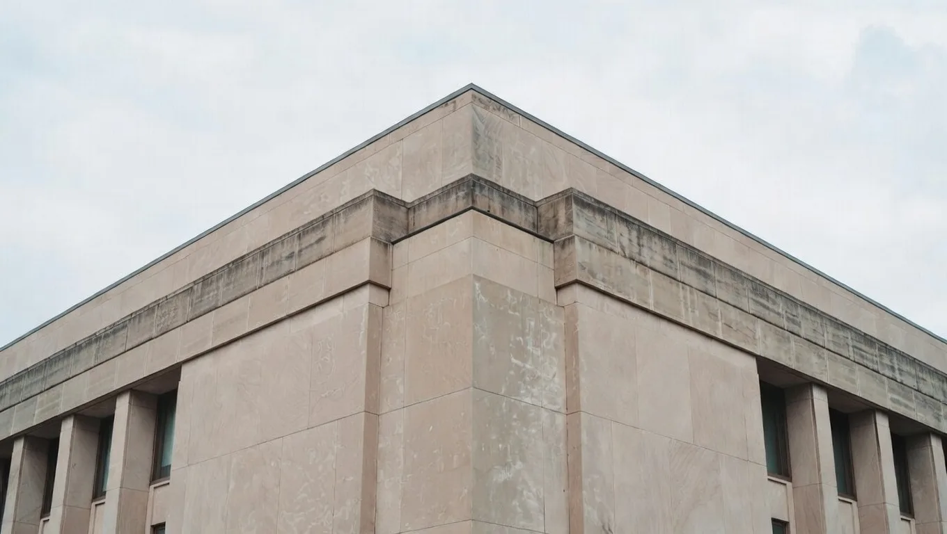 Government building exterior showing grime and staining before AeroWash drone cleaning service