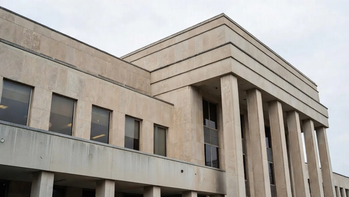 Clean limestone facade of a government building with classical columns after drone cleaning by AeroWash