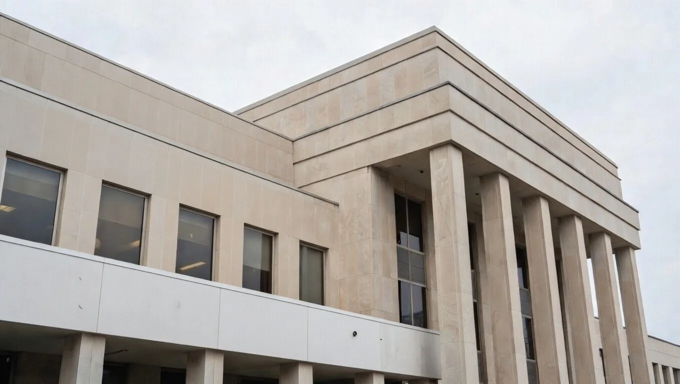 Clean municipal building exterior showcasing professional drone cleaning results by AeroWash